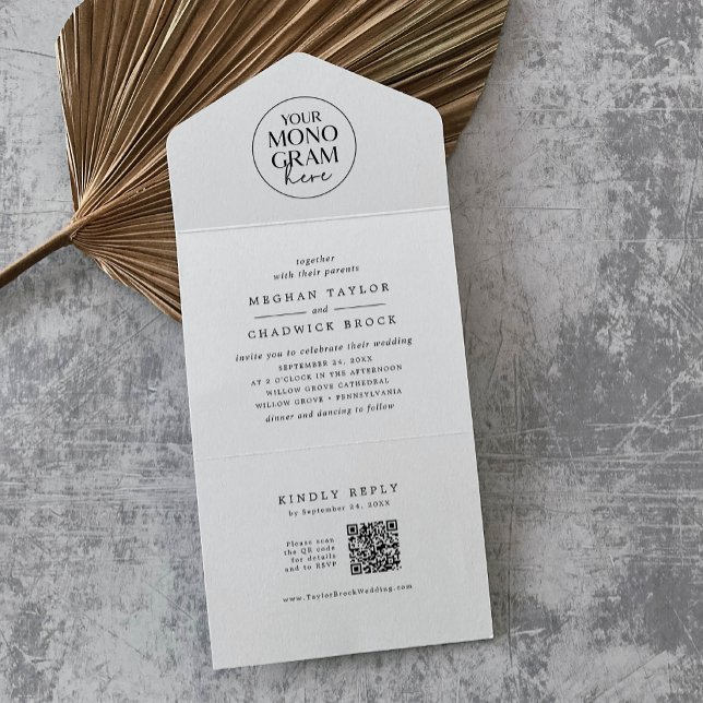 MEGHAN Schwarz-weiß QR Code Monogram Modern Weddin All In One Einladung (MEGHAN Black White QR Code Monogram Modern Wedding All In One Invitation)
