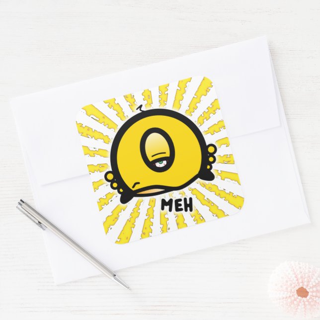 Meh (& das coole runde Ding mit einem Auge) v3 Quadratischer Aufkleber (Umschlag)