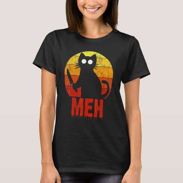 Meh Halloween Cat Beängstigend Horror Knife Bloody T-Shirt (Vorderseite)