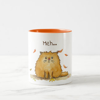 Meh…/traurige Watercolor-Katze mit Herbst-Blätter Zweifarbige Tasse
