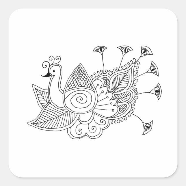 Mehendi Peacock Quadratischer Aufkleber (Vorderseite)