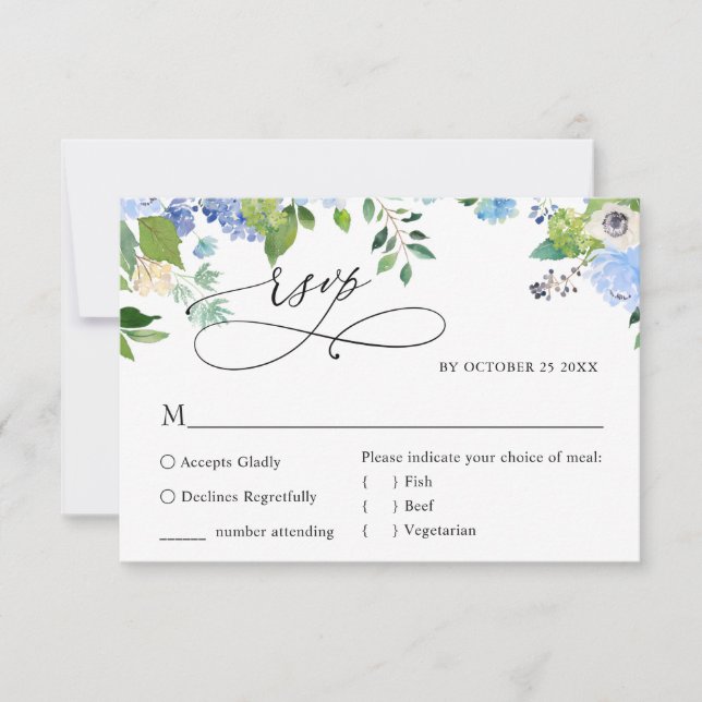 MEHL AUSWAHL Elegante Blue Hydrangea Wedding RSVP Karte (Vorderseite)