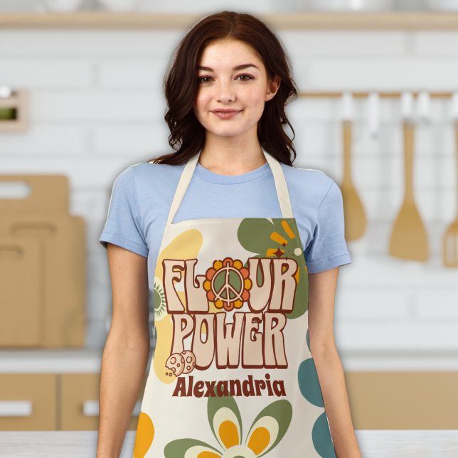 "Mehl Power" Retro 60er Funny Cooking Backen Schür Schürze ("flour power" 60s 70s hippy apron funny cute retro w/ custom name peace sign baking apron for women)