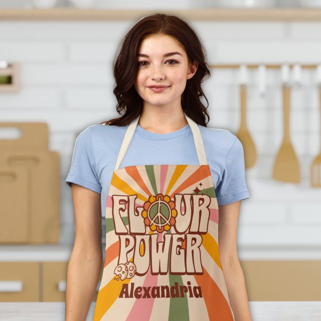 "Mehl Power" Retro 60er Funny Cooking Backen Schürze ("flour power" 60s 70s hippy apron funny cute retro w/ custom name peace sign baking apron for women)