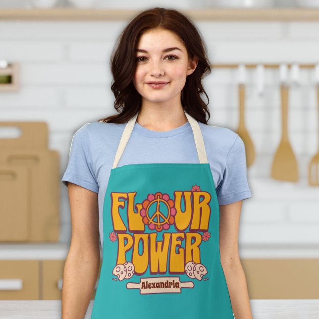 "Mehl Power" Retro 70er Funny Cooking Backen Schür Schürze ("flour power" funny retro vintage 60s 70s apron with cookies and rolling pin custom name peace sign )