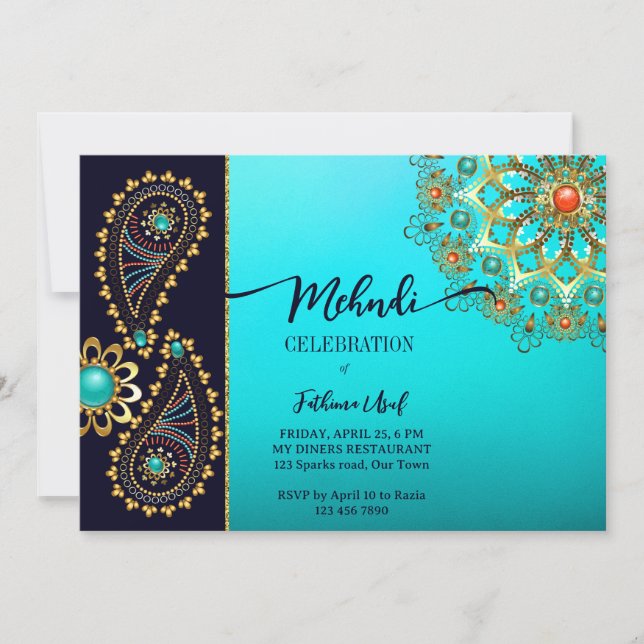 Mehndi aquamarin Goldschmuck Pisley laden Einladung (Vorderseite)
