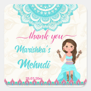 Mehndi-Board-Schild Willkommen Braut in Rosa und B Quadratischer Aufkleber