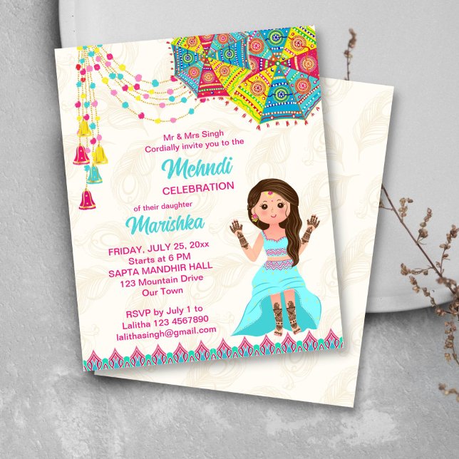 Mehndi-Budget laden pinkfarbenblaues niedliches in (Mehndi budget invitation template cute Indian bride cartoon character umbrellas decor)