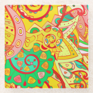 Mehndi-Doodle: Farbige ethnische Textur. Glasuntersetzer