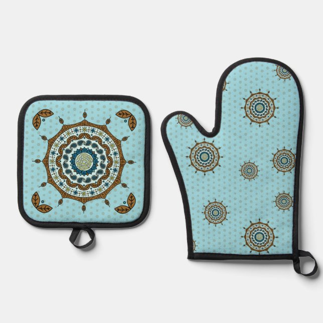 Mehndi Fantasy Copper Ofenhandschuh & Topflappen-Set (Vorderseite)