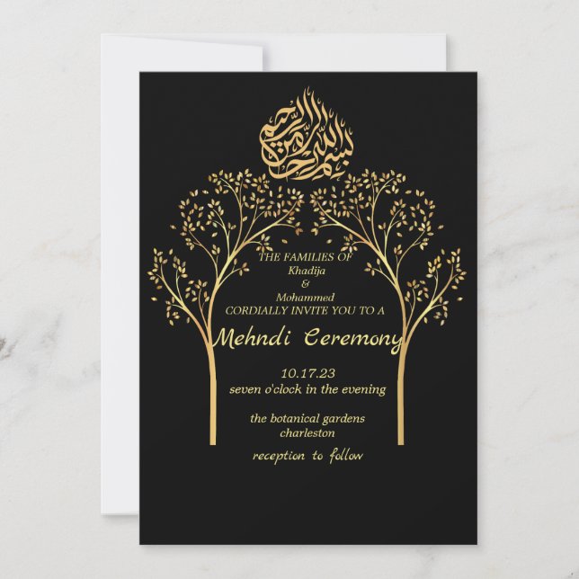 Mehndi Floral elegante BALCK Muslim Hochzeit Einladung (Vorderseite)