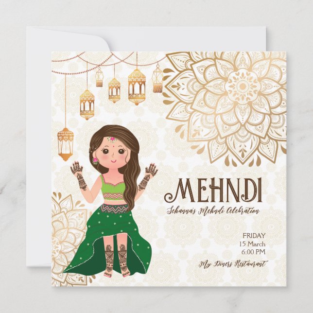 Mehndi Haushalt laden mit niedlichen indischen Hen Einladung (Vorderseite)