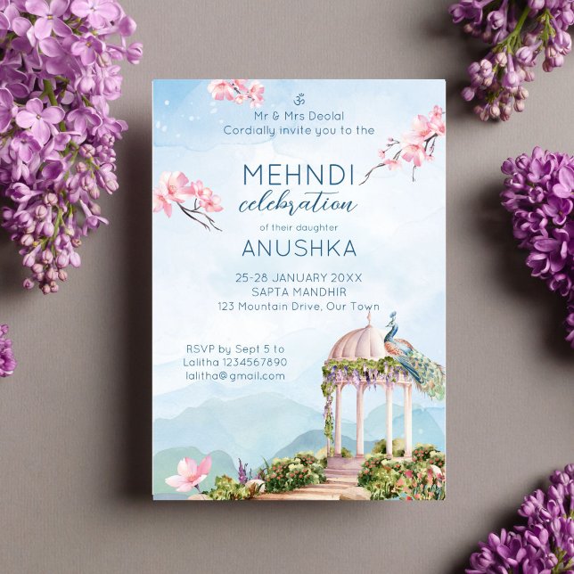 Mehndi-Indianerpfauenpfauenblau Einladung (Mehndi Indian wedding template invitation instant digital download peacock dusty blue pink blooms)