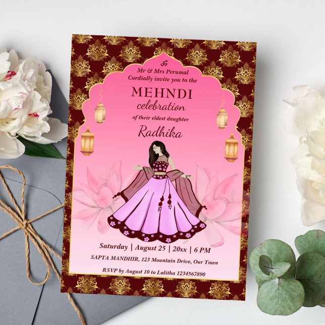 Mehndi Maroon Rosa Goldlotus Indische Braut Einladung (Mehndi maroon and gold pink dancing Indian bride invitation template lotus oriental pattern arch)