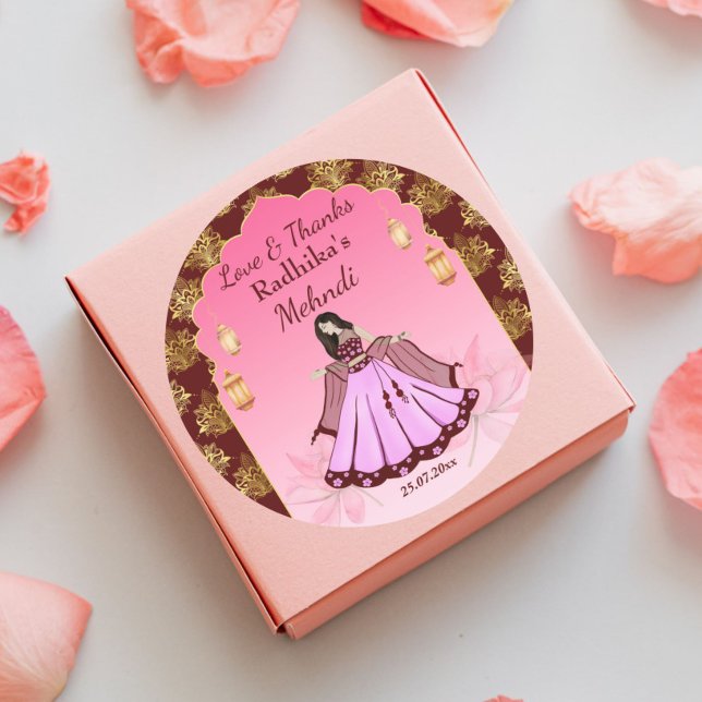Mehndi Maroon Rosa Goldlotus Indische Braut zu Gun Runder Aufkleber (Mehndi favor gift thank you stickers Indian mehandi dancing bride maroon pink gold lotus favors)