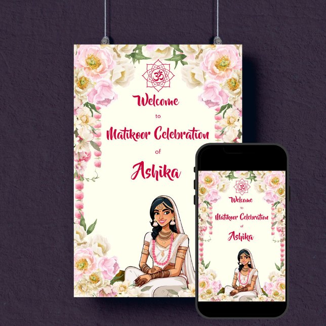Mehndi Matikoor Haldi Indischer Begrüßungszeichen Poster (Mehndi Matikoor Haldi Indian wedding template welcome sign poster digital download bride caricature)