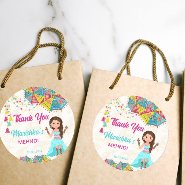 Mehndi rosa blaues niedliches indisches Mädchen da Runder Aufkleber (Mehndi favor stickers pink blue cute Indian girl thank you favor Classic Round Sticker )