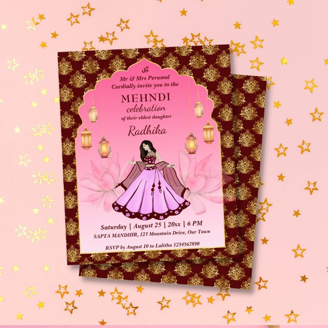 Mehndi rosa lotus Indischer Brautbudget Einladung (Mehndi budget invitation maroon pink arch frame gold lotus dancing Indian bride Moroccan lanterns)