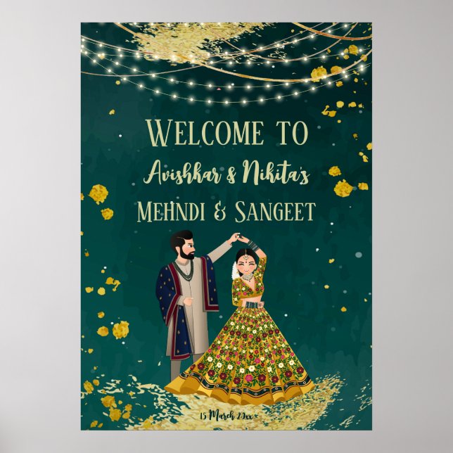 Mehndi sangeet grün mit Tanzpärchen willkommen Poster (Vorne)