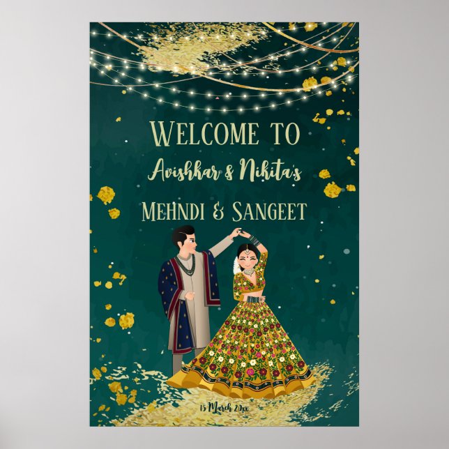 Mehndi sangeet grün mit Tanzpärchen willkommen Poster (Vorne)