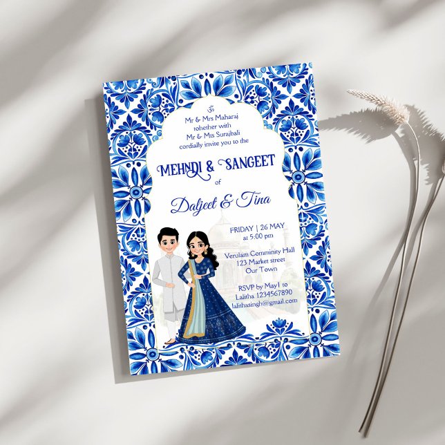 Mehndi Sangeet indische Hochzeit blau niedlich Einladung (Mehndi and Sangeet Indian wedding blue and white cute bridal couple cartoon Invitation template)