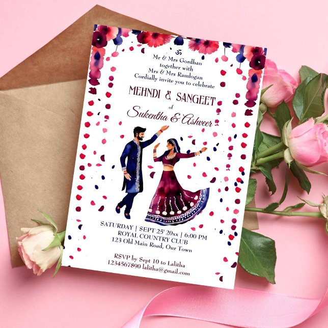 Mehndi Sangeet indische Hochzeit moderne Wasserfar Einladung (Mehndi and Sangeet Indian wedding dancing bridal couple template invitation instant download maroon)