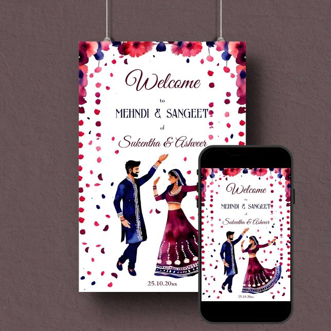 Mehndi Sangeet indische Hochzeit modernes Begrüßun Poster (Mehndi and sangeet welcome sign poster instant download dancing Indian bridal couple modern maroon)