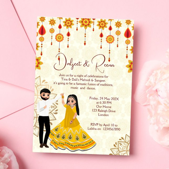 Mehndi sangeet laden niedliches indisches Paar ein Einladung (Mehndi and sangeet invitation editable template digital  dancing cute Indian couple caricature )