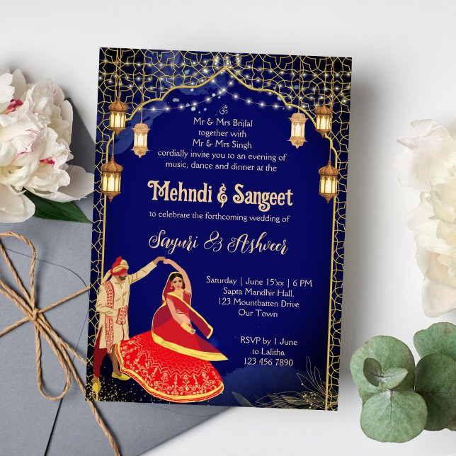 Mehndi Sangeet Marine blaues indisches Tanzpaar Einladung (Mehendi and sangeet Indian wedding invitation template instant download navy blue dancing couple )