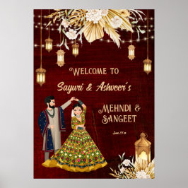 Mehndi Sangeet maroon tanzend Paar willkommen Poster