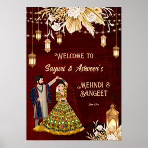 Mehndi Sangeet maroon tanzend Paar willkommen Poster