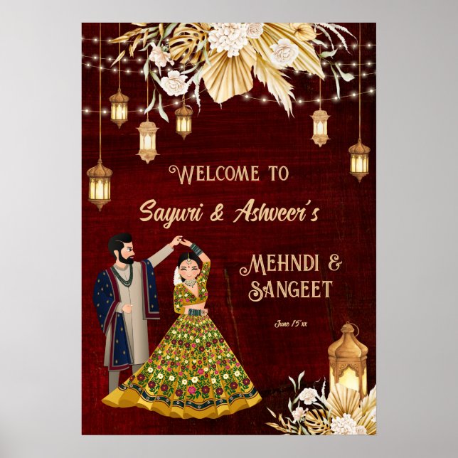 Mehndi Sangeet maroon tanzend Paar willkommen Poster (Vorne)