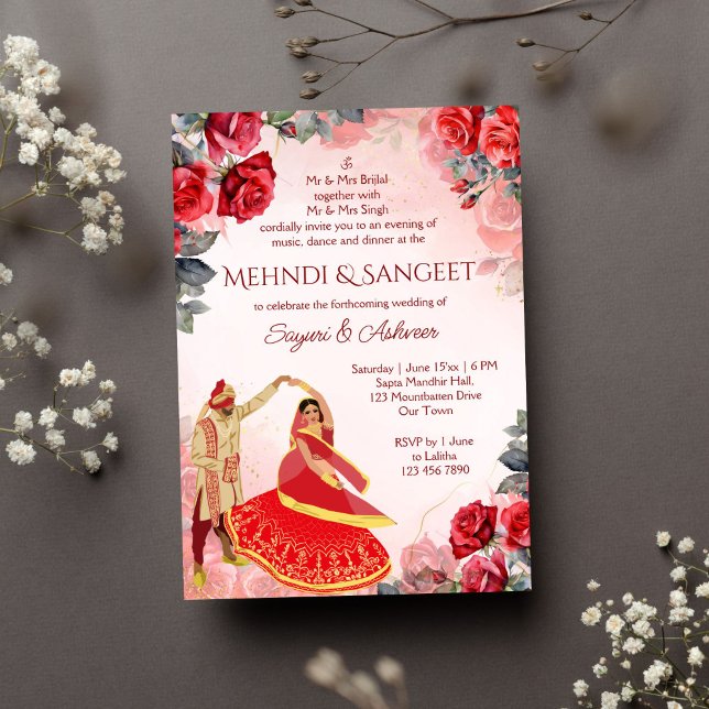 Mehndi Sangeet rote Rosen Indianertänzerin Einladung (Mehendi sangeet Indian wedding dancing Indian couple red roses invitation instant download)