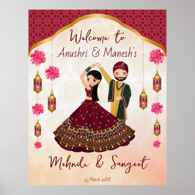 Mehndi sangeet tanzen indisches Paar lotus arabisc Poster (Vorne)