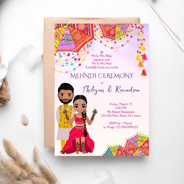 Mehndi Süd-Indische Tamilische Hochzeitseinladung Einladung (Mehndi South Indian Tamil template invitation instant download with a cute Tamil bridal couple)