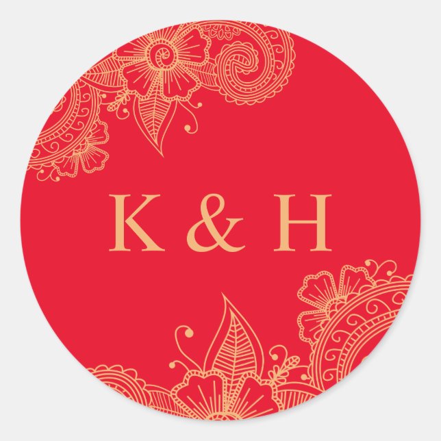 Mehndi Wedding Monogram Classic Round Sticker (Vorderseite)