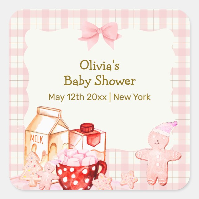 Mehr Milch & Cookie Gingham Winter Baby Dusche Quadratischer Aufkleber (Vorderseite)