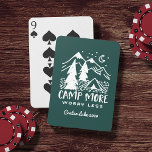 Mehr, weniger Sorgen | Benutzerdefiniertes Camping Spielkarten<br><div class="desc">Entwerfen Sie ein individuelles Souvenir für Ihren nächsten Familienausflug oder ein Camping im Freien. Jägergrüne Spielkarten zeigen das Zitat von Outdoorsy "Camp more, care less" in bedrängtem Jägergrün unter einer handgezeichneten Abbildung eines Camping-Zelt-Set in einem Kiefernwald mit einem halbmondförmigen Aufstieg über schneebedeckte Berggipfel. Die perfekte Art, eine Reise zu gedenken,...</div>