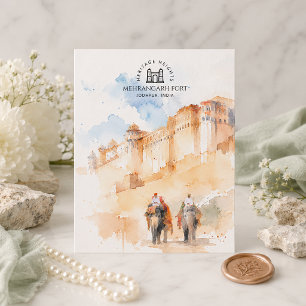Mehrangarh Fort Jodhpur Indien Aquarell Reise Feiertagspostkarte