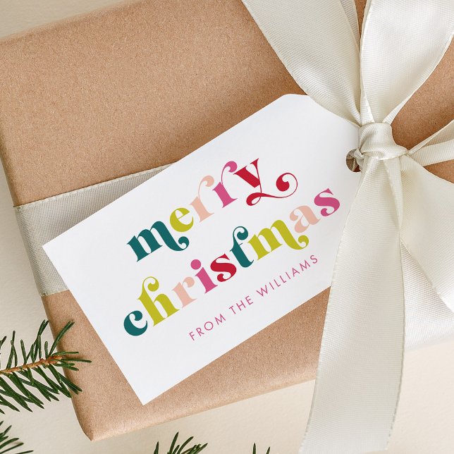 Mehrfarbig Moderne frohe Weihnachtsnamen Geschenkanhänger (Multi Colored Modern Merry Christmas Name Gift Tags)