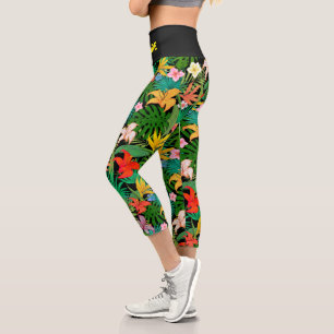 Mehrfarbige Blume & Palm-Blätter auf schwarz Capri Leggings