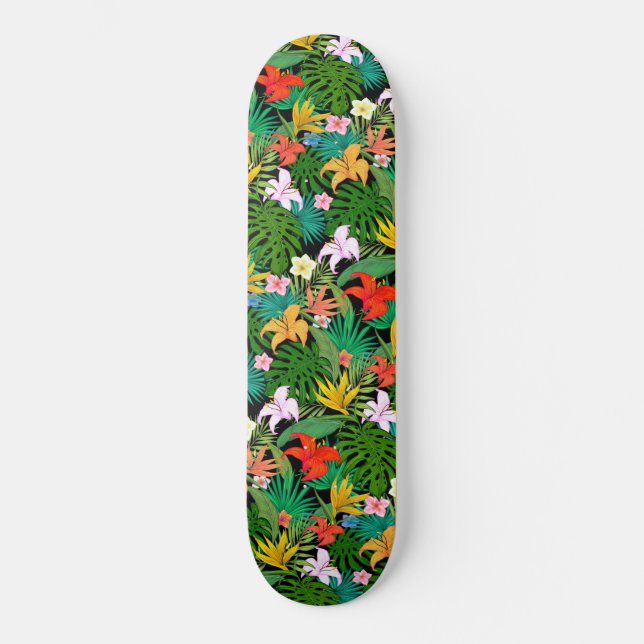 Mehrfarbige Blume & Palm-Blätter auf schwarz Skateboard (Vorderseite)