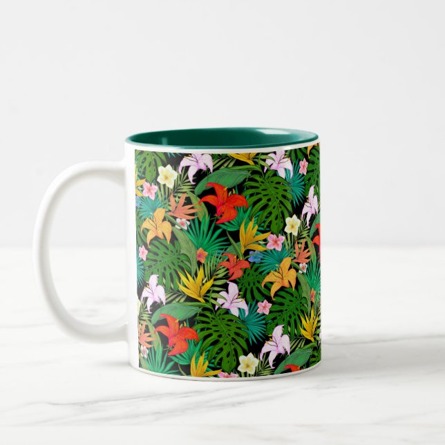 Mehrfarbige Blume & Palm-Blätter auf schwarz Zweifarbige Tasse (Links)