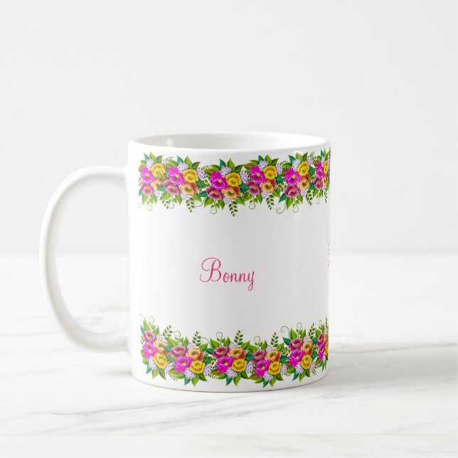 mehrfarbige Blume und Kalligraphie Kaffeetasse (Links)