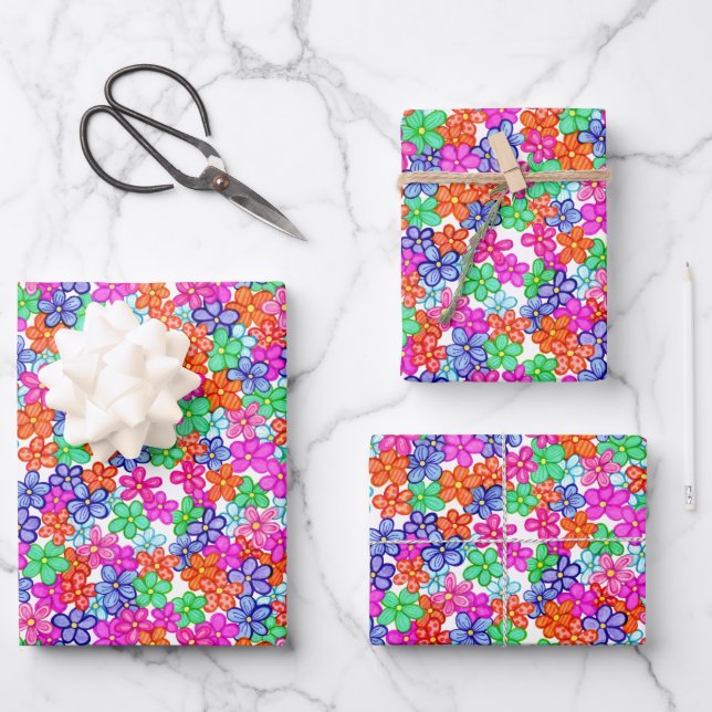 Mehrfarbige Blumen Florale Illustrationsmuster Geschenkpapier Set (Vorderseite)