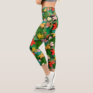 Mehrfarbige Blumen & Palmwedel auf schwarzen Capri Leggings