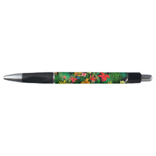 Mehrfarbige Blumen und Palmwedel auf Schwarz Kugelschreiber