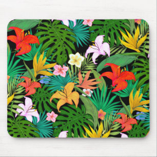 Mehrfarbige Blumen und Palmwedel auf Schwarz Mousepad