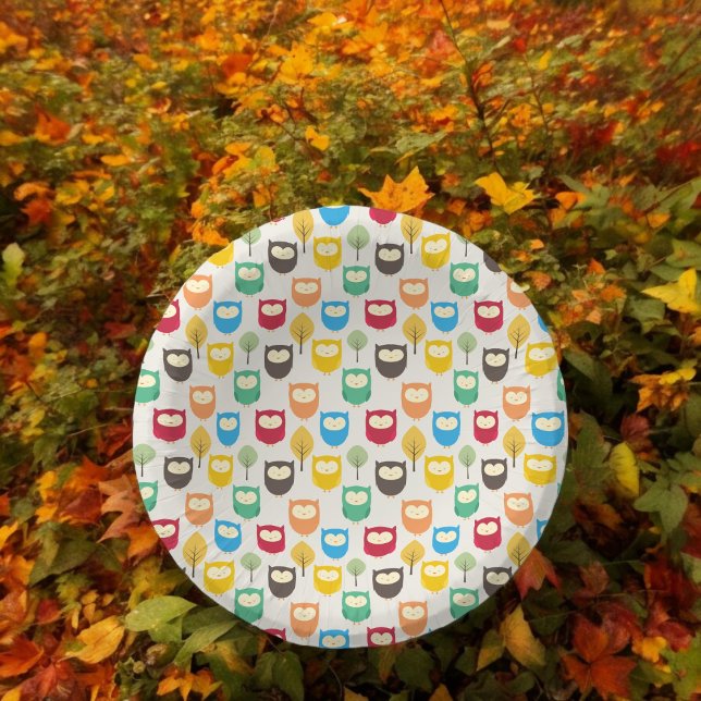 Mehrfarbige Cartoon-Eule-Papierteller Pappteller (owl cartoon theme,birthday,wedding,baby shower,special occasion event paper plate party supplies)