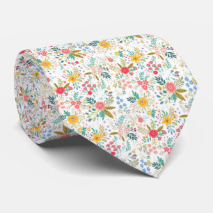 Mehrfarbige Frühlingsblumenmuster auf weißem Hinte Krawatte